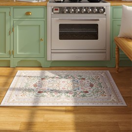 Vowkten Door Mat Indoor Entrance 2x3 Rug Machine Washable Vintage Floral Botanical Small Area Rug Non-Slip Low Pile Throw Rugs for Entryway, Kitchen, Front Door Entrance, Entry, Kids Room, Beige