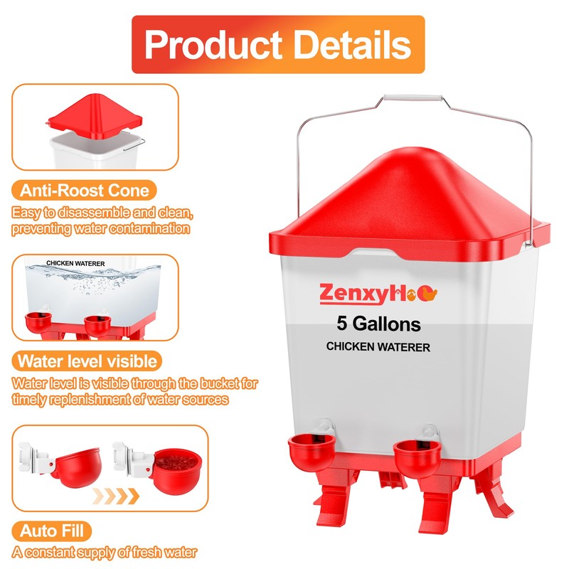 ZenxyHoC 5.0 Gallons Chicken Waterer Bucket with 4 Double-Layer Waterer