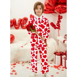 IIMMER Kid Boys Valentine's 3 Piece Warm Funny Outfit White and Red Love Heart Party Blazer with Jacket Pants & Tie 10 Years