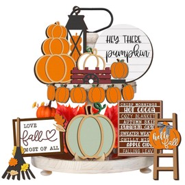 Thanksgiving Tiered Tray Decor Set - 18Pcs Thanksgiving Decorations, Wooden Tray Tray Decorations Autumn Pumpkin Rustic Farmhouse Decorative Table Sign for Autumn Thanksgiving Decor