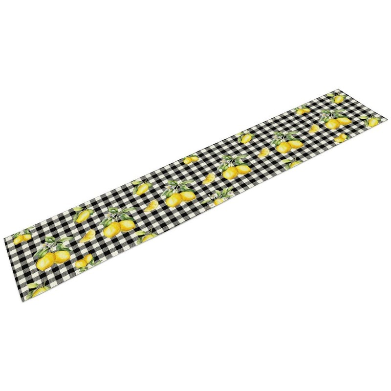 Fresh Lemon Table Runner, Yellow Lemon Black White Buffalo Check