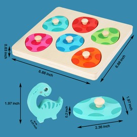 Wooden Dinosaur Puzzle, Wooden Puzzles for Toddlers Montessori Toys for 3 Year Old Boy Girl Birthday Gifts Wooden Grab Board Toy