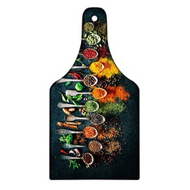 Ambesonne Spices Cutting Board, Art of Cooking Themed Photo Cinnamon Paprika Ginger Mustard Sage Salt, Decorative Tempered Glass Cutting and Serving Board, Wine Bottle Shape, Dark Teal and Multicolor