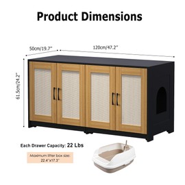 Cat Litter Box Enclosure for 2 Litter Boxes, 47'' Hidden Litter Box Enclosure with Double Room, Wooden Cat House TV Stand Sideboard with 4 Sisal Doors