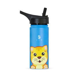 Botella de Agua para Niños Resistente con Popote y Asa, Termo de Gato de 532 ml para Bebidas Frías y Calientes más Tiempo y Sin Fugas. Cat Kids Water Bottle. B Life