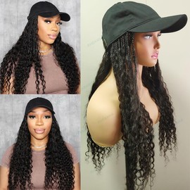 RHEANNA Baseball Cap Wig Human Hair Crochet Boho Box Braids Hair Extensions with Hat Bohemian with Human Hair Curly Ends