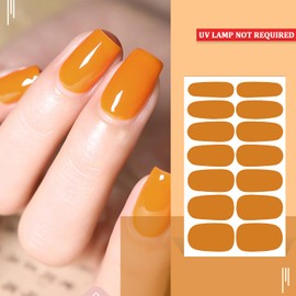 SILPECWEE 12 Sheets Orange Nail Polish Stickers Full Nail Wraps Bright Solid Color Gel Nail Strips Self Adhesive Nail Polish Strips Fingernail Sticker Nails for Women with Nail File