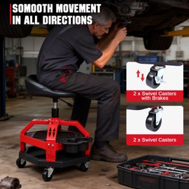 CRAFTZONE Rolling Shop Stool with Wheels, Heavy Duty Garage Shop Creeper,Adjustable Height Roller Seat, 360-degree Swivel Industrial Garage Stool with Storage Shelf, Red