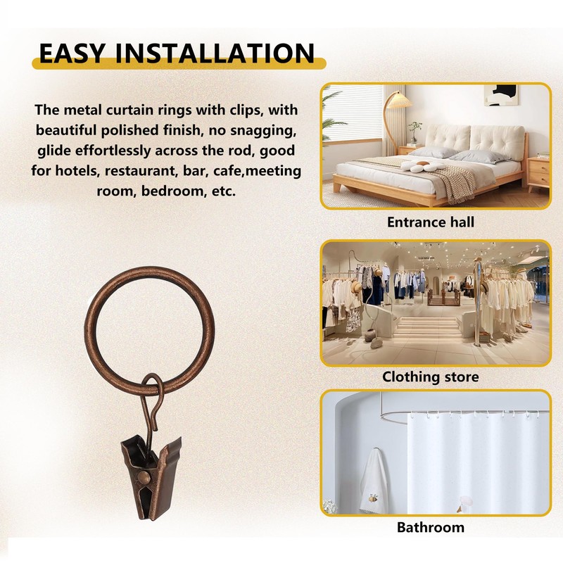 Curtain Rings with Hooks 14 Pack - Rustproof Metal Drapery