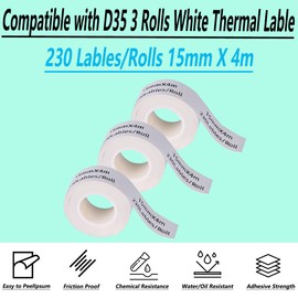 DINGYI 3 Rolls Compatible P D35 Label Maker Tapes Continuous Transparent Sticky Lables 15x40mm 230 Labels Thermal Printer Paper for Office School (White, 15mm*4m+3R)