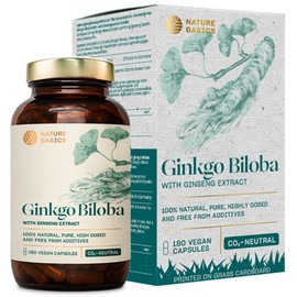 Nature Basics® Natural Ginkgo Biloba Sustainable in Amber jar | CO2 Neutral & additive Free | 180 Vegan Capsules | 115mg Ginkgo Biloba & 40mg Ginseng Extract per Daily dose