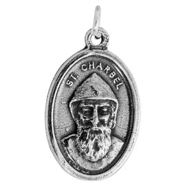 Sterling Silver St Charbel Medal Necklace Oxidized finish Oval 24 inch CRB_50