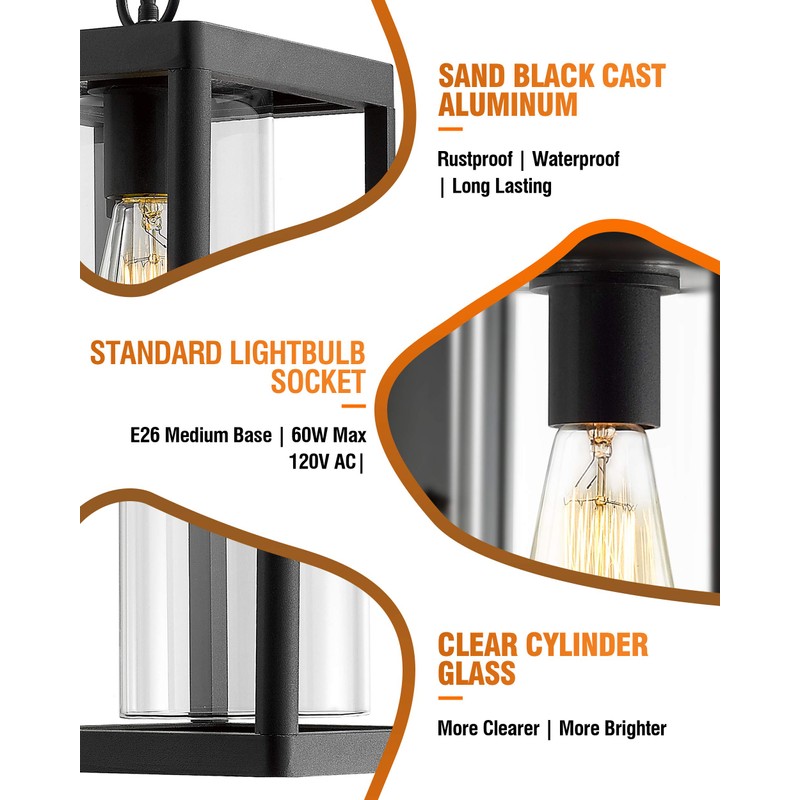 Beionxii Outdoor Pendant Light, Modern Exterior Hanging Porch Lantern, Black