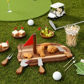 Meanplan Golf Acacia Cheese Board Gift Set Golf Party Favor Prizes Charcuterie Wood Board with Knives and Toothpicks Birthday Gift for Dad Grandpa Valentines Day Party Tournament Game