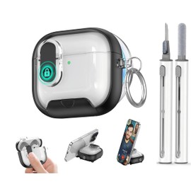 JIEYOUTA Funda para AirPods 4 Semitransparente Multifuncional 4 en 1 Cierre Seguro, Apertura Automática, Soporte para Teléfono, Magnetismo en la Espalda, TPU, con Kit de Limpieza (Negro)