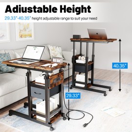 DAPOTUGI Height Adjustable Overbed Table with Wheel and Charging Station, Tiltable Desk C Shaped End Table for Couch, 2-Tier Overbed Bedside Desk with Storage Shelve for Living Room Bedroom
