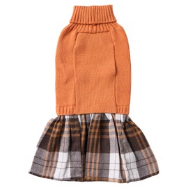 Orange Knitted Dog Sweater Dress, Plaid Dog Winter Clothes for Small Dogs Girl, Maltese Cat Apparel, X-Small (XS)