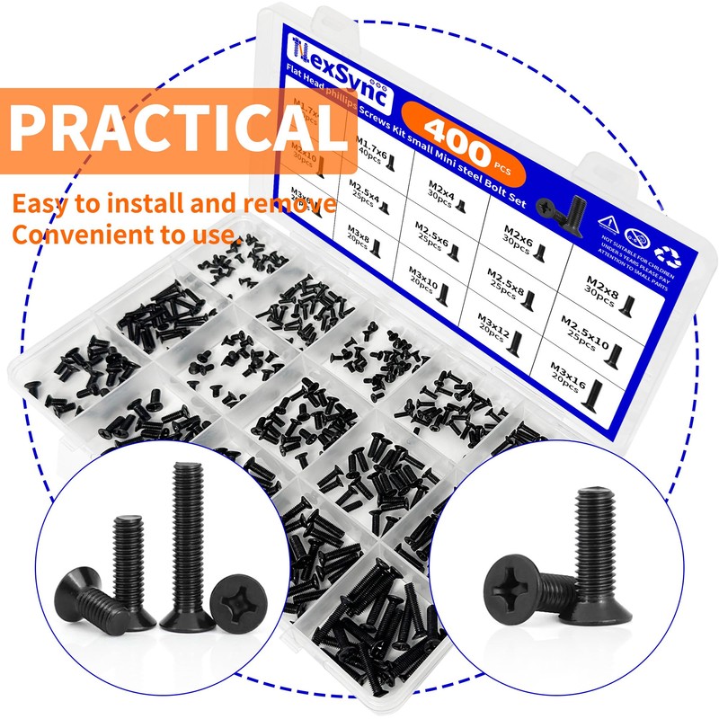 NexSync 400-Piece Mini Flathead Phillips Microscrews Kit - M1.7/M2/M2.5/M3 Steel
