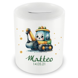 Samunshi® Children's Money Box with Name and Cute Digger Motif for Children - Boys and Girls Piggy Bank 330 ml White