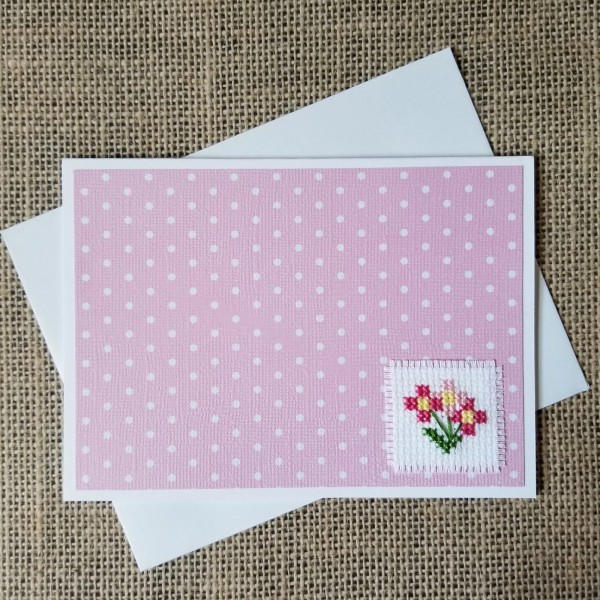 Handmade Finished Cross Stitch Spring Pink Flowers Blank Note Card