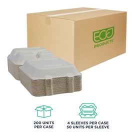 ECO PRODUCTS Compostable 9" Soak Proof Clamshell To Go Containers, Case of 200, 3 Compartment, Square Takeout Food Box, White Renewable Lined Molded Fiber, Cut Resistant, ASTM Compliant