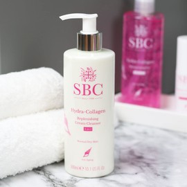 SBC Skincare Hydra-Collagen Replenishing Cream Cleanser with Skin Shammy – Hydrating Non-Foaming Face Cleanser with Marine Collagen & Shea Butter to Remove Makeup, SPF & Impurities, 300 ml