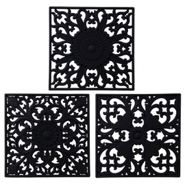SPUVGVC Silicone Trivets for Hot Dishes, Pots & Pans - Multi-Use Carved Trivet Mat, Insulated Flexible Square Mats for Countertop & Tabletop - Pot Holders Hot Pads Set of 3, Black
