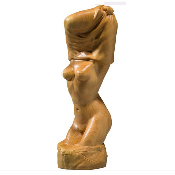 Dressing Woman Wooden Statue Natural Boxwood Carving Sculpture Nude Woman Figurine Figurine Object Chinese Traditional Arts Crafts Figurine Ornaments Gift Lucky Charm (Size: 7 x 7 x 21 cm)