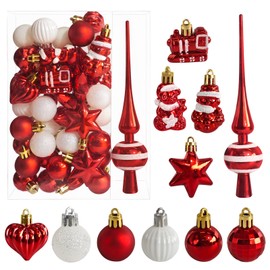 Set of 34 Christmas Baubles with Tree Topper, Diameter 3/4.5/5.5 cm, Small Christmas Tree Baubles, Plastic, Red White Baubles, Mini Christmas Decoration, Table Decoration, Christmas Tree Decoration