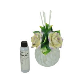 Ceramic Oil Diffuser and Oil Set with Porcelain Capodimonte Roses on Top Includes a 4oz Bottle of Aromamatic Home Fragrance Oil in Cream & Purple and Driftwood & Sage Scent