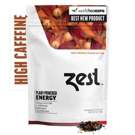Zest 150mg High Caffeine Energy Loose Leaf Blend - Spicy Masala Chai Black Tea - 4 Oz - All Natural Strong Flavored Healthy Coffee Alternative Highly Caffeinated Substitute - Perfect for Keto Diet