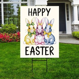 Happy Easter Polka Dot Rabbit Welcome Yard Sign, Love Heart Bunny Bow Easter Day Decorations, Polka Dot Bunny Lawn Signs with Metal H-Stake, VP13596