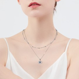 Lydreewam Nazar Eye Chain for Women 925 Sterling Silver Evil Eye Double Layered Necklace with Balls and Zirconia Valentine's Day Mother's Day Birthday Gift, Adjustable 40 + 5 cm, Sterling Silver,
