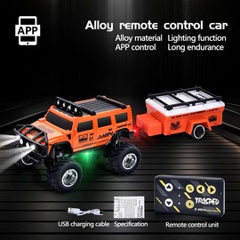 Hotfree New 1/64 Mini RC Monster Truck, Metal Off-Road Vehicle with Trailer, 2.4GHz Remote Control All-Terrain Car, 3-Speed Adjustable, USB-C Rechargeable, Desktop Play, Indoor Outdoor Racing Toy, Fun Birthday Gift for Kids Boys:_HM-222-02