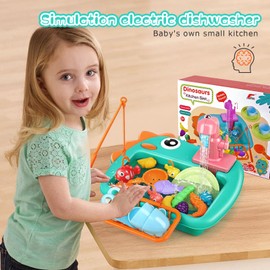 Peeokuo Play Sink with Running Water, Kitchen Play Sink Toy with Electric Faucet, Floating Pool Toys & Fishing Game, Kids Pretend Play-Dishwasher Play Set for Boys Girls