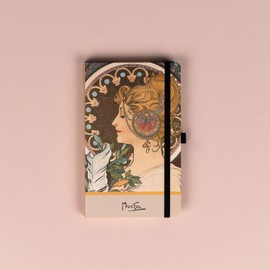NOTIQUE Polka Dot Notebook with Elastic Band, 13 x 21 cm, Approx. A5, Designer Hardcover Notebook Dotted, Notepad, Journal, Diary for Adults, Women (Alphonse Mucha Pen)
