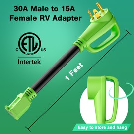 RV Adapter Plug 30 Amp to 15 Amp Cord, NEMA TT-30P Male to 5-15R Female, 30M/15F，STW, 10AWG, Heavy Duty Electrical Power Cord, 125 Volts, 1875 Watts, 1FT, Green