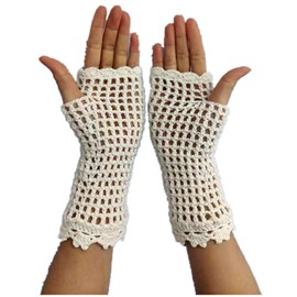 tinacrochetstudio? Crochet Fingerless Gloves Custom Elbow Length Mitness (Ivory)