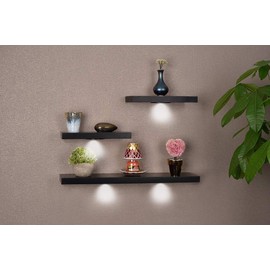 SkyMall Versatile Wood Floating Wall Shelves with LED Lights - Black (Set of 3)