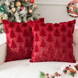UGASA Pillow Covers 16x16 Inch Set of 2 Soft Plush Faux Fur Christmas Tree Decorative Luxury Jacquard Throw Pillows Pillowcases for Couch Sofa Holiday Festivals Home Decor, Burgundy