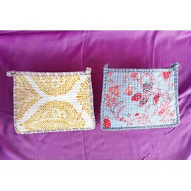 Rastogi Handicrafts Floral Print Quilted Cosmetic Pouches 8X6 Inches Assorted Cotton Multicolor Set of 2 Make Up Organizer Currency Bag Storage Bags with Zipper Closure