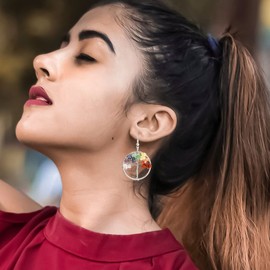 JOVIVI Women Silver Tree Of Life Drop Earrings 7 Chakra Matural Tumbled Gemstone Wire Wrapped Crystal Dangle Dangly Earrings for Girls Ladies Bohemian Jewellery Mothers Day Mum Gifts