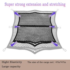 Pickup Truck Double-Deck Cargo net, Trucks Cargo Net Mesh Organizer Stretchable net for Pickup Trucks, car Trunks, SUVs,Compatible with Trailers, Ford, Chevy, Dodge（Stretchable 4'x4' to 7'x7'）