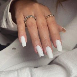 KQueenest Matte White Press on Nails Long Medium Square, Fake Nails Press ons, Glue on Nails Coffin For Women, Natural Gel Square Tip Nails, Acrylic False Nails Set for DIY Decoration