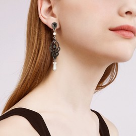 EVER FAITH Austrian Crystal Teardrop Simulated Pearl Prom Vintage Chandelier Earrings for Woman Black Silver-Tone