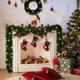 Christmas Garland Pine Garland with 19FT LED Lights String, Greenery Plant for Christmas Decorations Table Mantle Background Wall Room Outdoor Indoor Winter Decoration