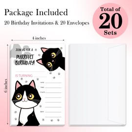 ZSHFMY Black Cat Birthday Invites Cards For Girls Boys, Kitten Birthday Party Invitations For Kids, 20 Birthday Invitation Cards With Envelopes, Cat Themed Birthday Party Supplies - Ty05