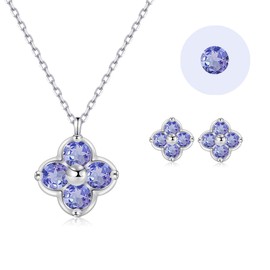FH.bird Women's Tanzanite Earrings, Popular, Quatrefoil Clover, 12 Month Birthstone, "Good Luck Charm", 925 Silver, Hypoallergenic, Necklace, Earrings Set, December Birthstone, Fashionable, Christmas