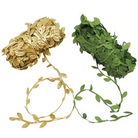 2 PCS Leaf Ribbons 43.7 Yard, lyfLux Leaves Leaf Ribbon Trim Rope, for Garland DIY Crafts Party Wedding Home Wall Garden Decorations (Gold+Green)