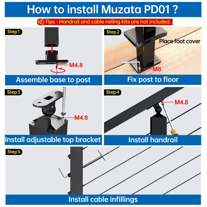 Muzata Aluminum Black Stair Cable Railing Post 36 Inch for